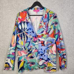 Claire Desjardins Blazer Jacket Womens L Colorful Petals Artsy Linen Rayon Light